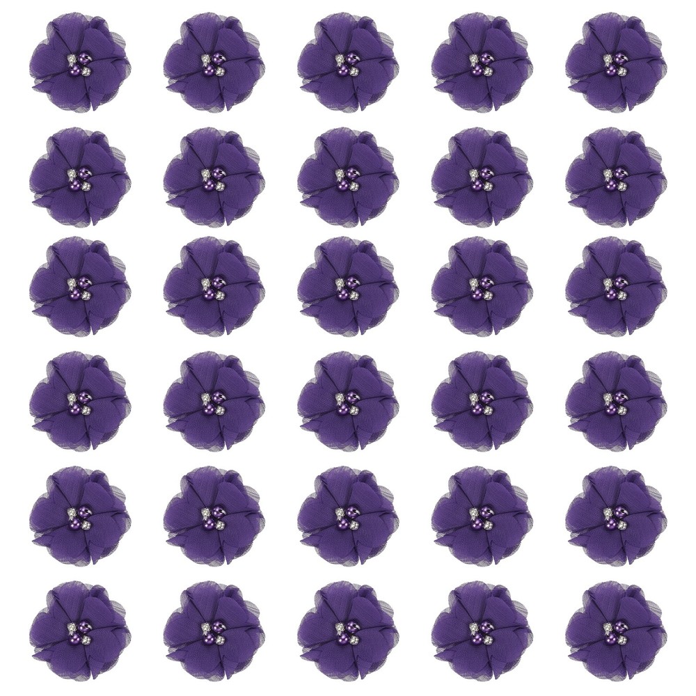 30Pcs 2″ Chiffon Flowers with Rhinestone Pearl Sewing Fabric Flower, Dark Purple