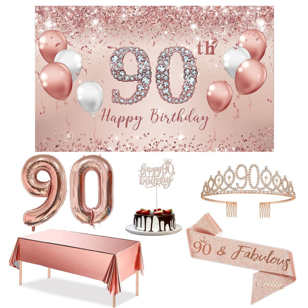 90th Birthday Decorations Party Set for Women, Rose Gold 90 Birthday Banner a…