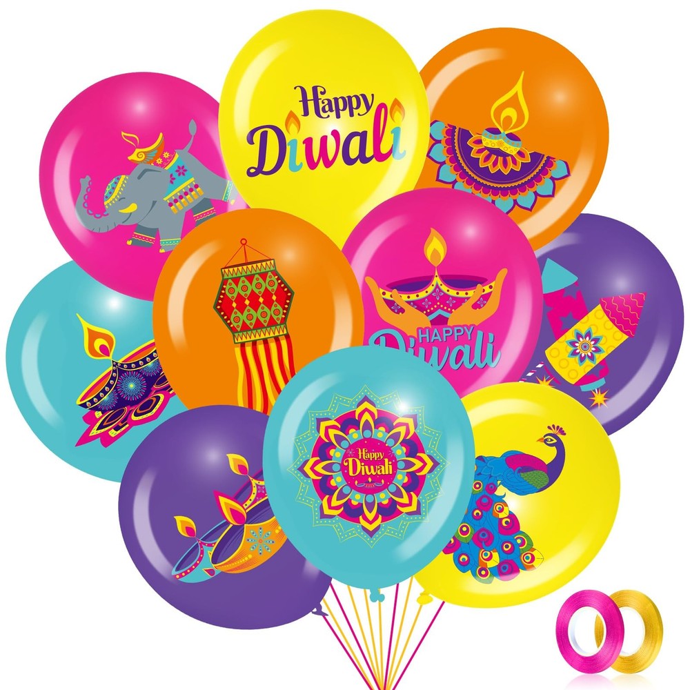 50 Pcs Diwali Decorations – 12 Inch Happy Diwali Balloons, Latex Elephant & P…