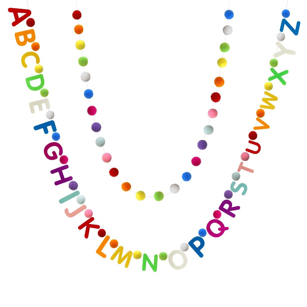 2 Pieces Alphabet Garland Rainbow ABC Wall Decor Colorful Pom