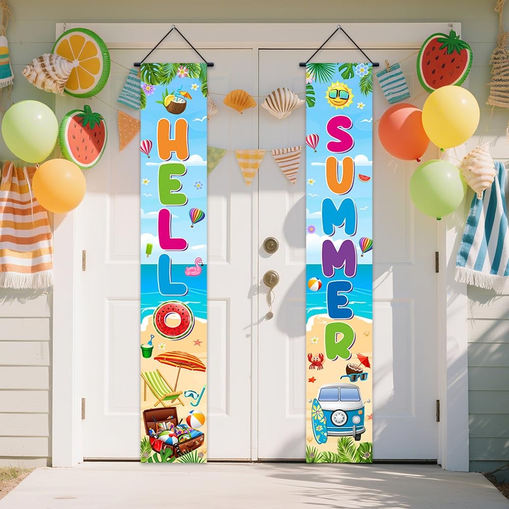 Hello Summer Porch Sign Decorations Banner Tropical Beach Hawaiian Summer Doo…