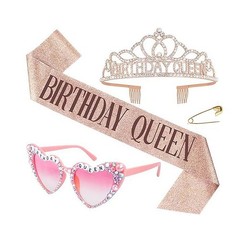 3Pcs Women’s Birthday Accessory Set Heart Glasses Glitter Shoulder Strap & Crown