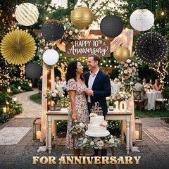 Black and Gold Party Decorations Set with Hanging Paper Lanterns Fans for Gra…