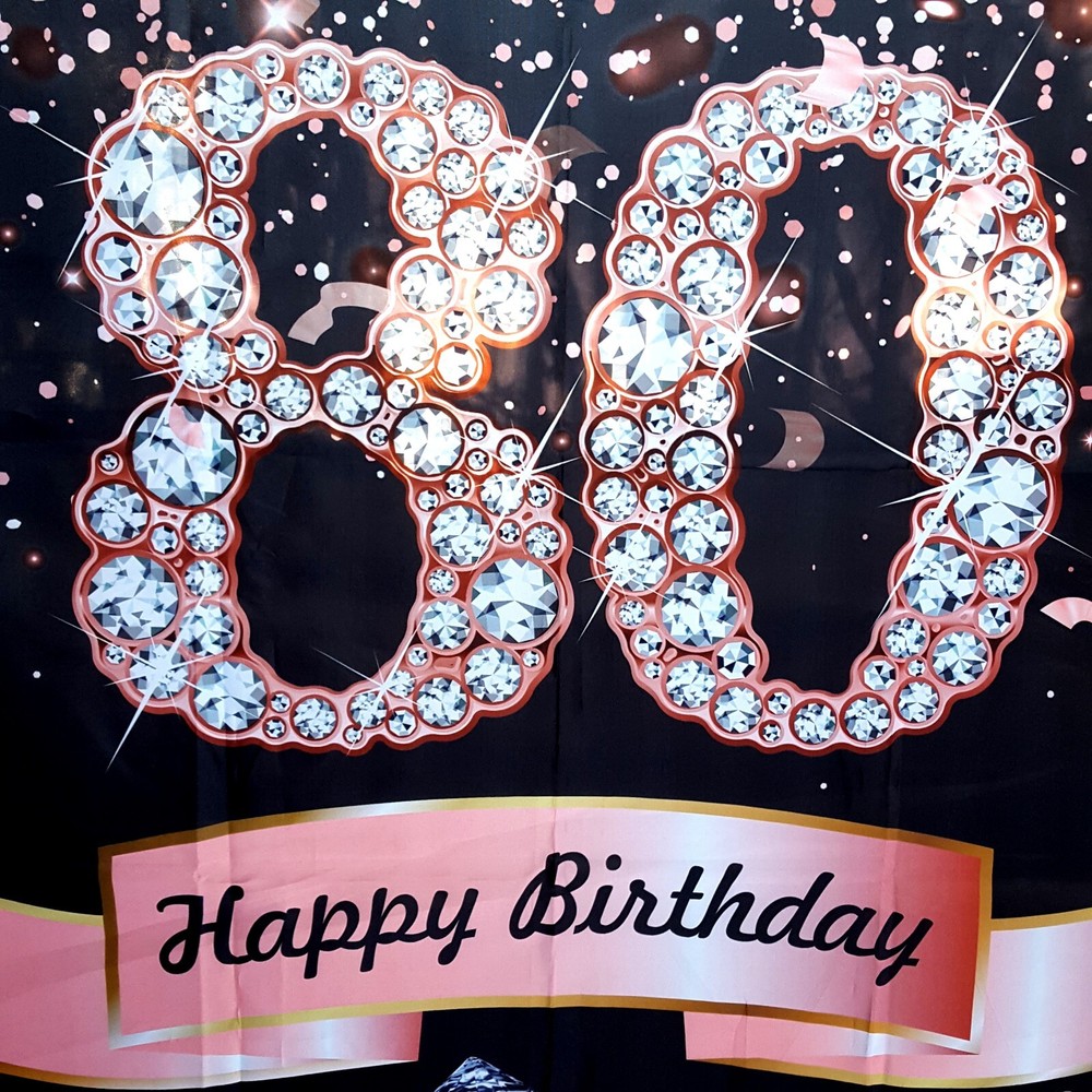 80th Birthday Backdrop Banner Women’s Pinks Rose Gold Diamonds 6′ x 3.6′