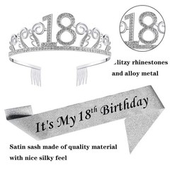 18th Silver Birthday Tiara and Sash Glitter Satin 2 Piece Set,