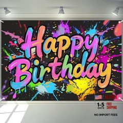 Neon Birthday Party Decorations, Neon Happy Birthday Banner Backdrop Sign,