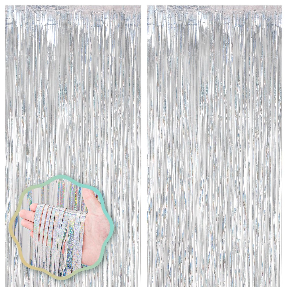 2 PCS Laser Silver Foil Fringe Backdrop Curtains Tinsel Streamers Party Prop