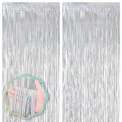 2 PCS Laser Silver Foil Fringe Backdrop Curtains Tinsel Streamers Party Prop