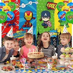 Superhero Party Supplies Set Plates Balloons Tablecloth Banner Cake toppers