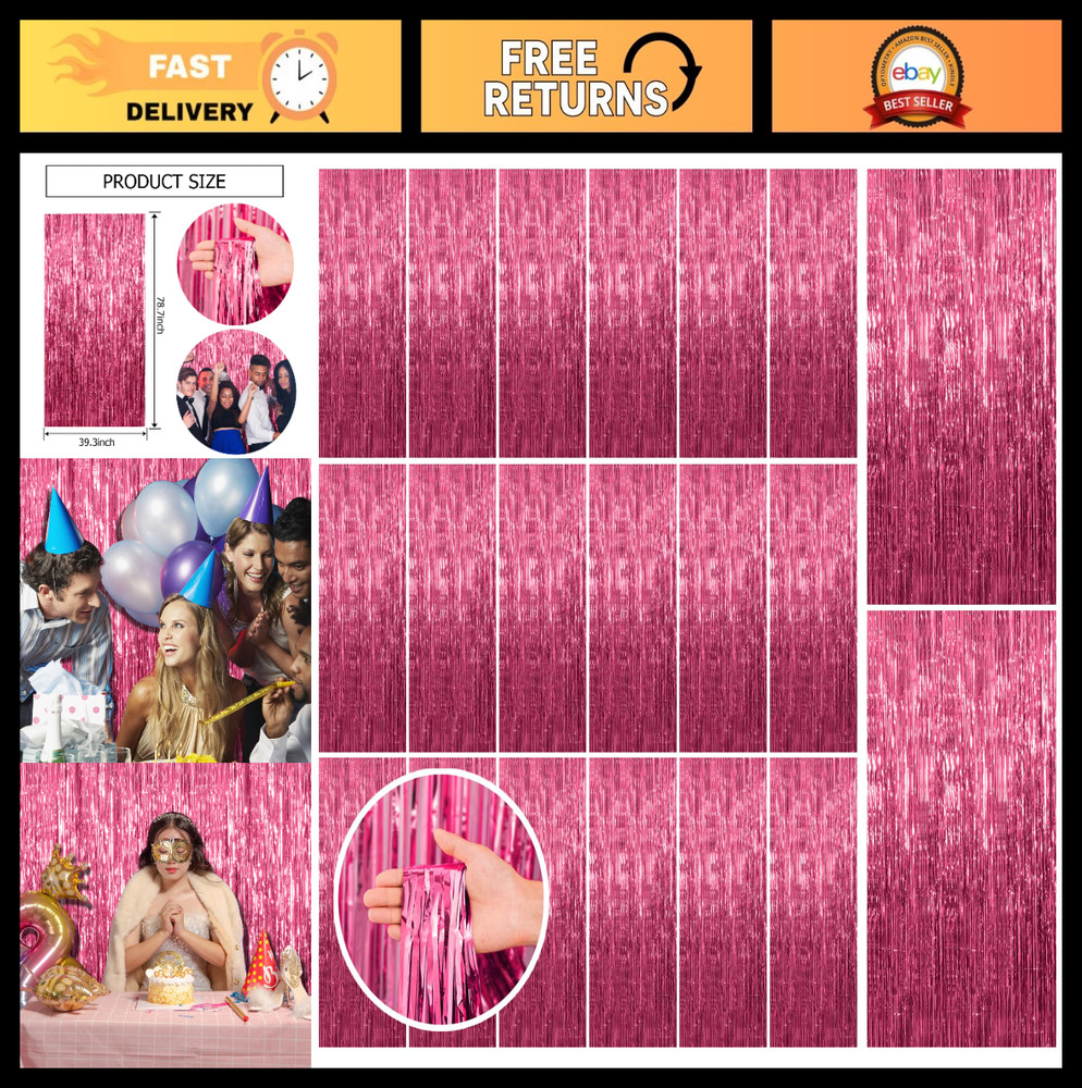 20 Pack Pink Tinsel Curtain Backdrop – Foil Fringe Party Decorations for Birthda