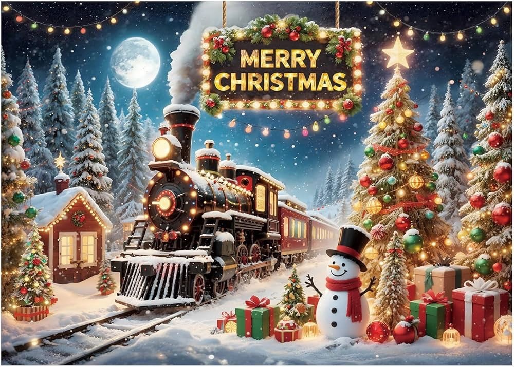 8x6ft Christmas Express Train Backdrop Merry Christmas Snowman Party Decor Sign