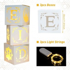3 Pcs Eid Mubarak Decoration Boxes with LED Lights Ramadan Party Decor White