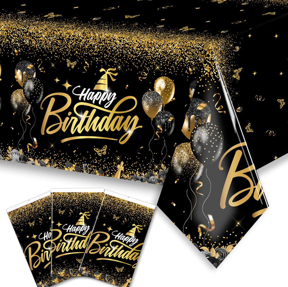 Happy Birthday Decorations – Gold and Black Tablecloth, Rectangle Plastic Dispos
