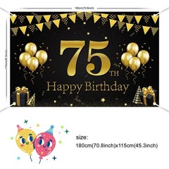 Happy 75th Birthday Banner, Black Gold 75th Birthday Party Decorations for Me…