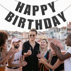Happy Birthday Banner in Black Glitter for Birthday Party Decorations
