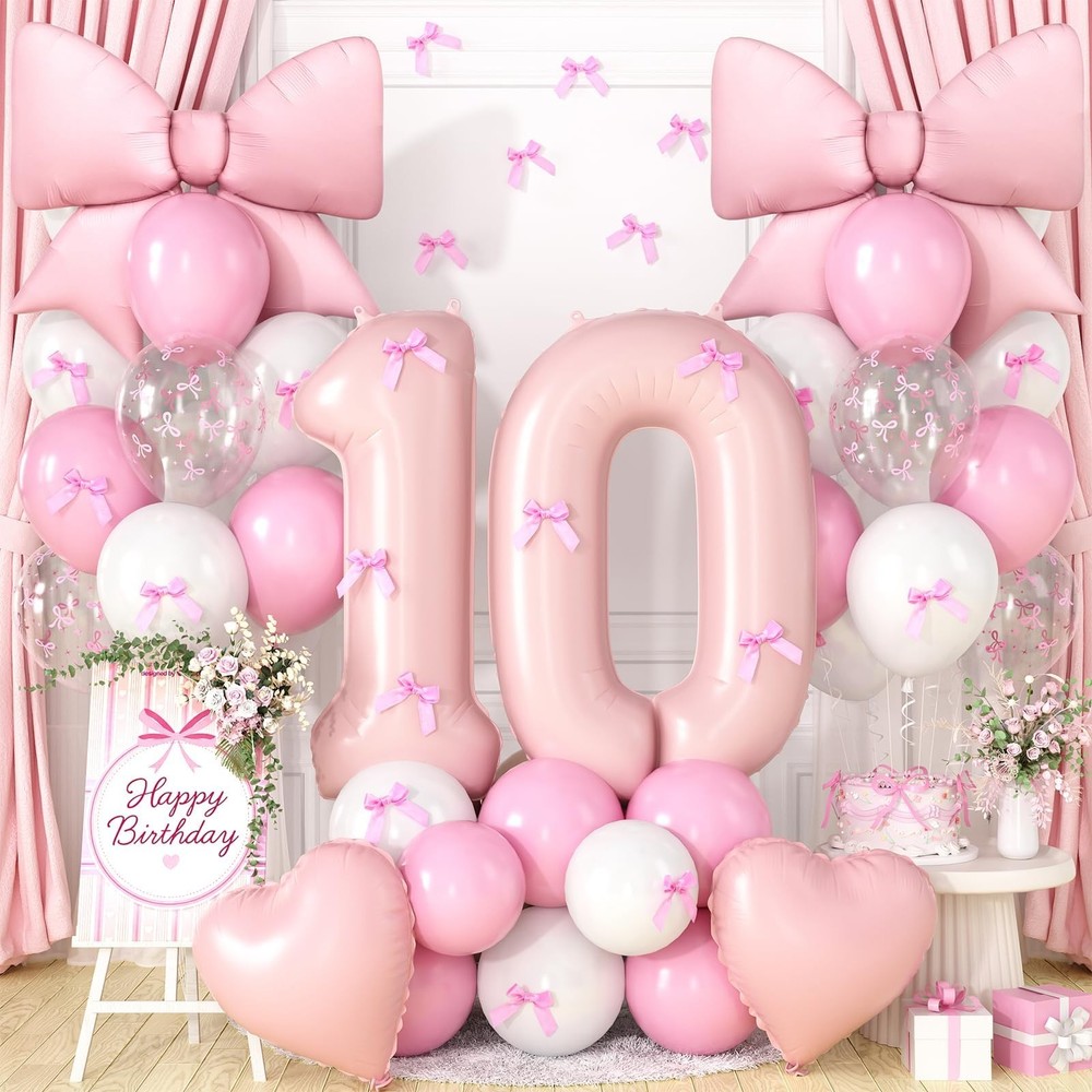 Pink Bow 10th Decorations for Girls, Light Pink White Latex Balloons with Bow…