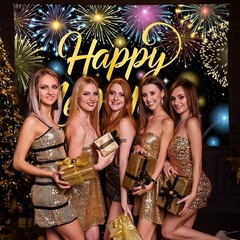Happy New Year Banner Colorful Firework New Years Backdrop for 2026 Party