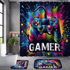 Graffiti Gaming Shower Curtain Sets Teen Boy Bathroom Decor Colorful Game Shower