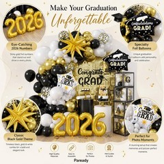 Graduation Balloon Arch Kit 2026, 120Pcs Black and Gold Grad Balloon Arch, Bl…