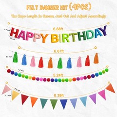 4PCS Pre-Strung Happy Birthday Banner – Felt Garland, Rainbow