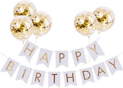 White HAPPY BIRTHDAY Banner with 5 pcs Gold Confetti Balloons
