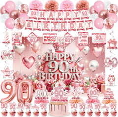 90Th Birthday Decorations for Women, Pink Rose Gold Flower 90 Years Old Party