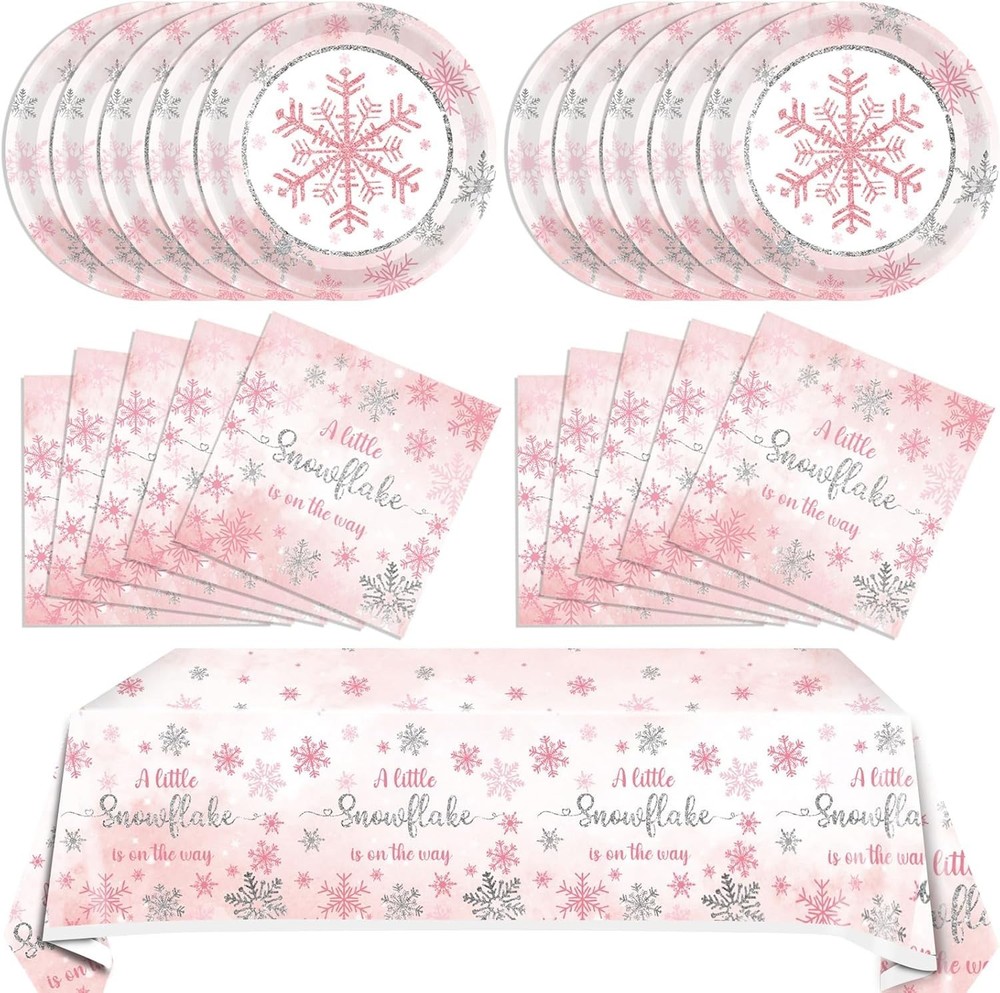 Pink Snowflakes Winter Birthday Disposable Tableware (Plates, Napkins, Forks)