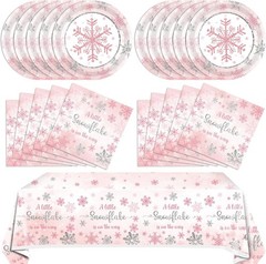 Pink Snowflakes Winter Birthday Disposable Tableware (Plates, Napkins, Forks)