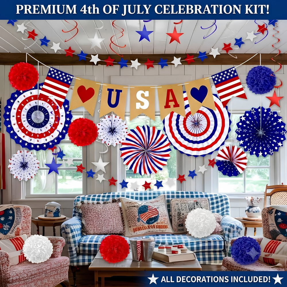 4th of July Decorations 26 PCS Red White Blue Paper Fans Banner Swirls
