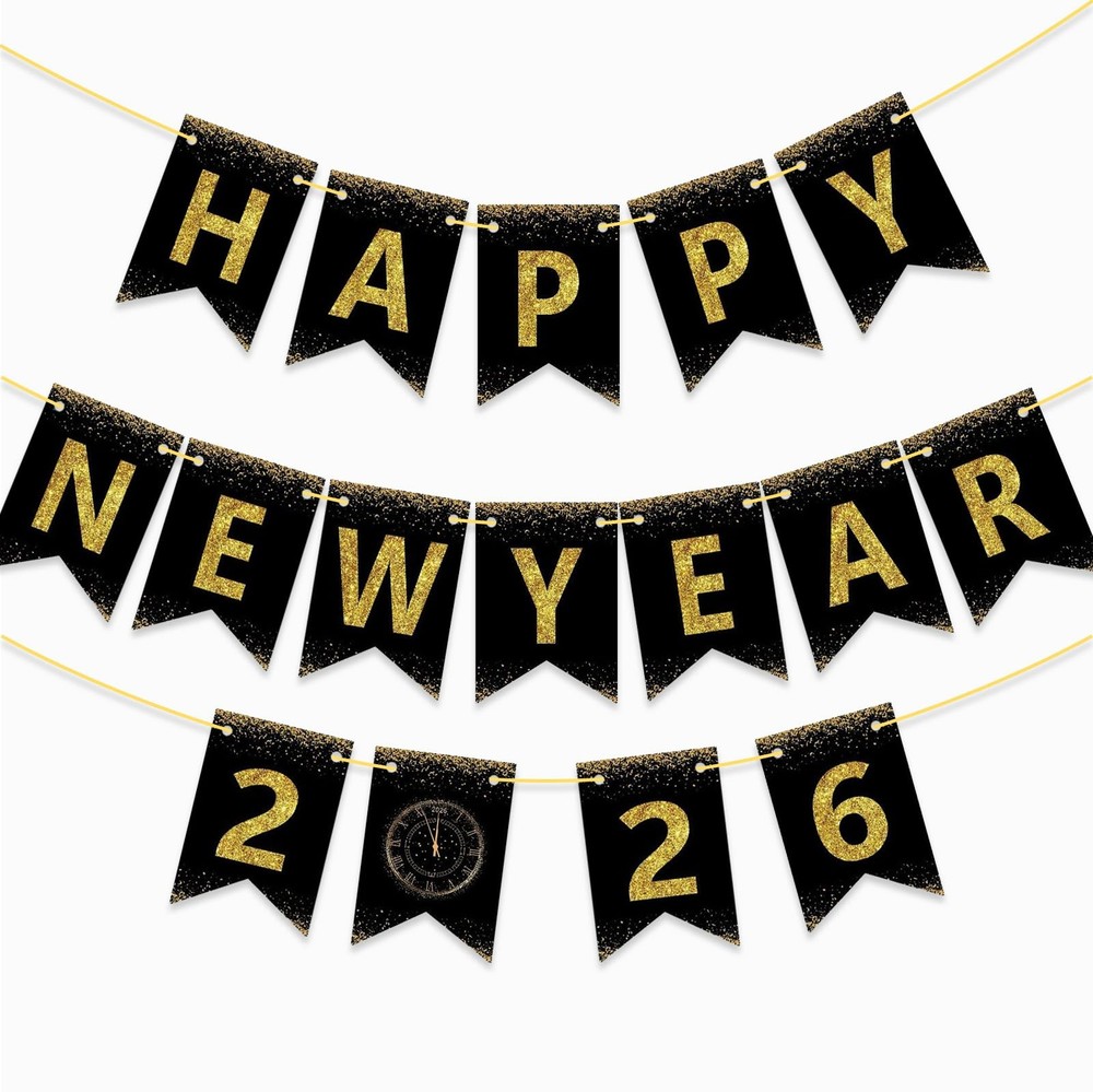 Happy New Year Banner 2026, DIY Black & Gold Glitter and