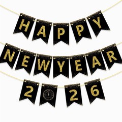 Happy New Year Banner 2026, DIY Black & Gold Glitter and