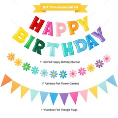 Felt Birthday Decorations, NO DIY, Pre-Strung 3D Felt Happy Birthday Banner w…