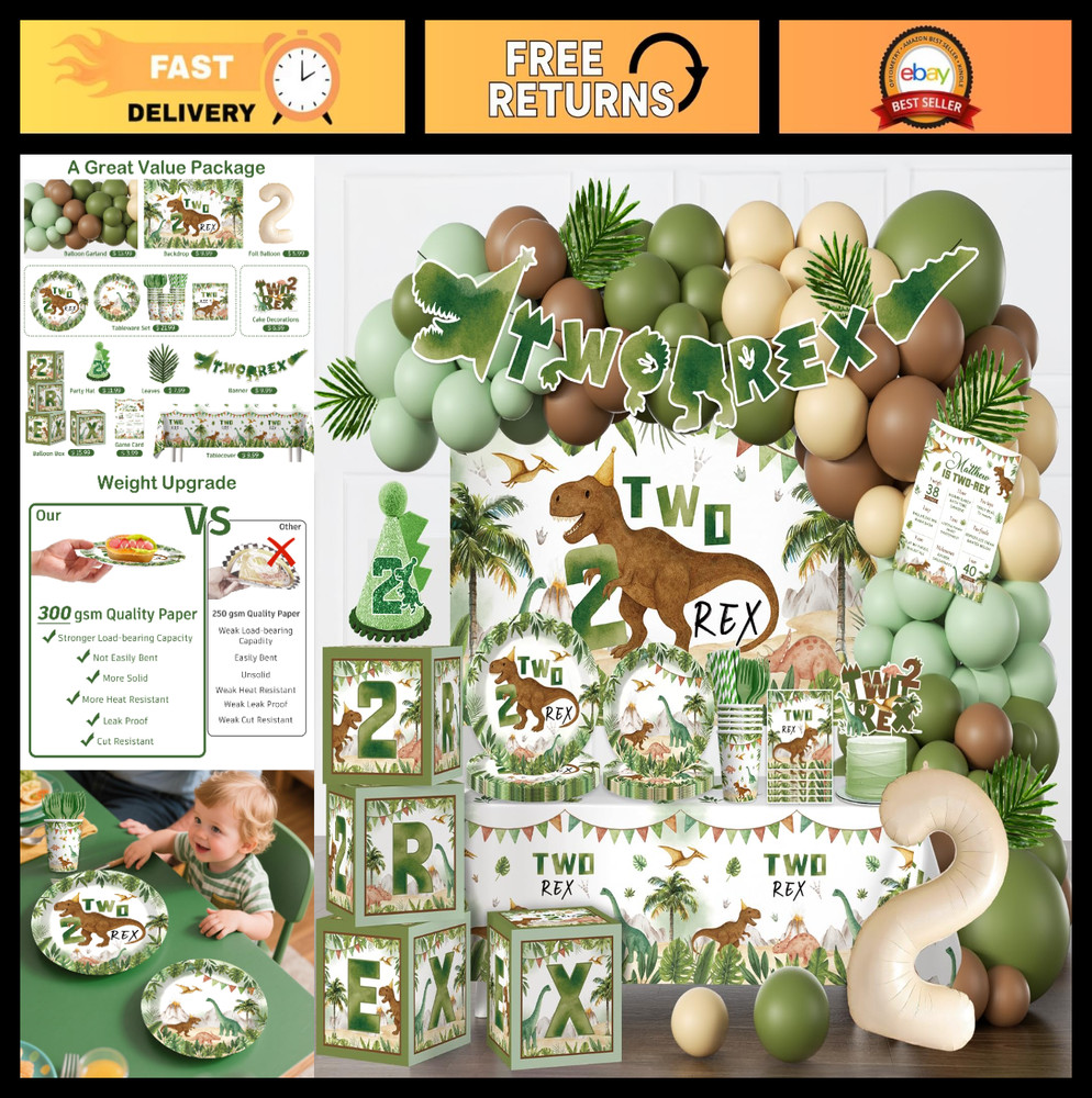 237pcs Dinosaur Birthday Party Set for Boys, 2nd Birthday Decorations, Serves 20