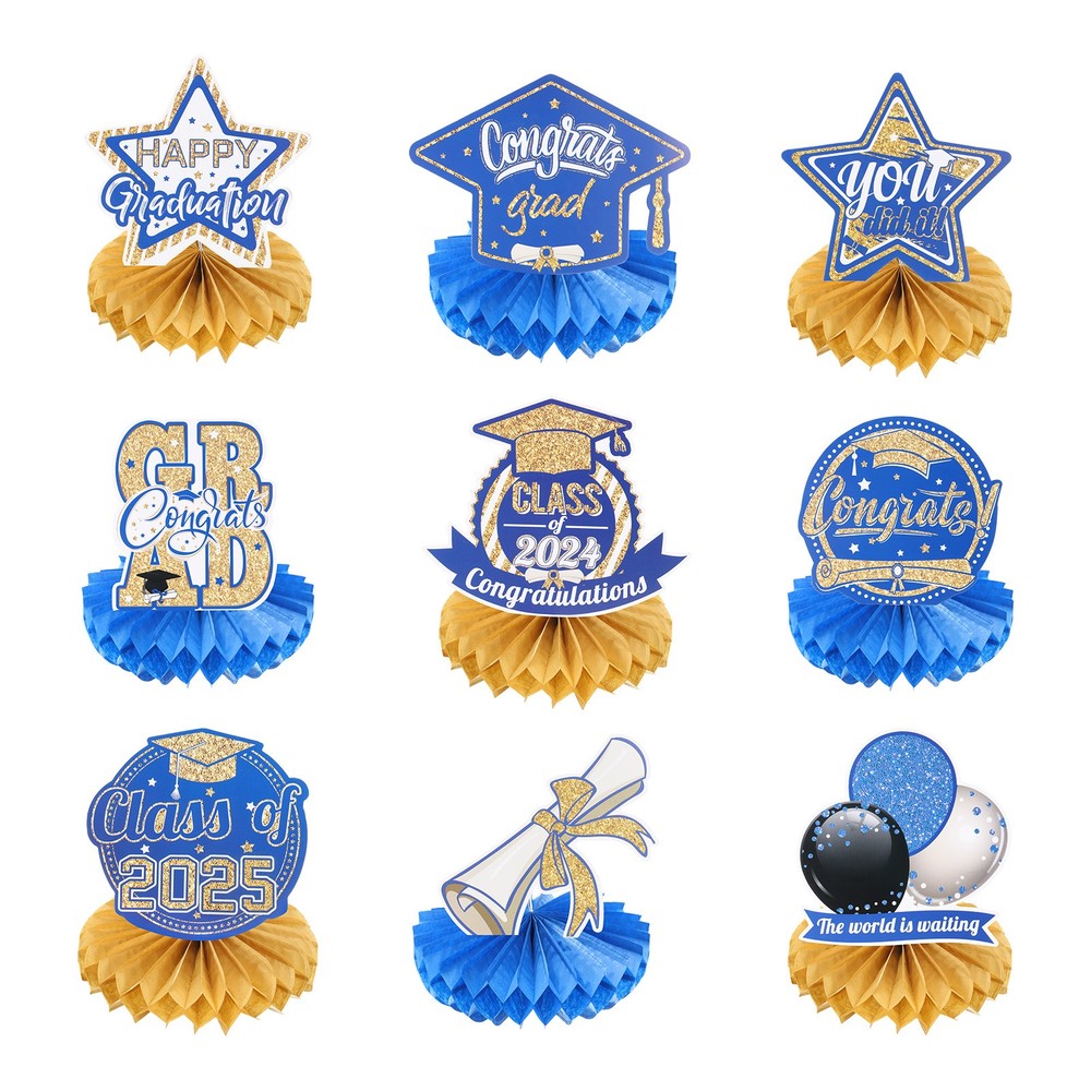 9PCS Graduation Party Decorations Class of 2025 Honeycombs Table Blue & Gold