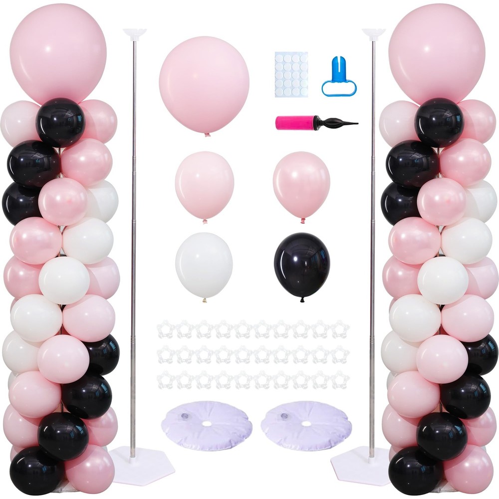 2 Sets Pink Black White Balloon Column Stand Kit,112Pcs Matte & Double-Layer …