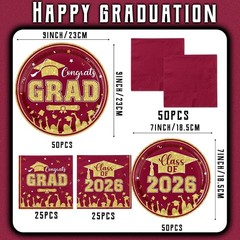 Maroon Gold Graduation Decorations 2026,200Pcs Maroon Graduation Plates and Napk