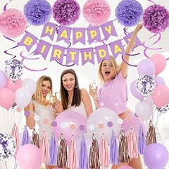 Pink Birthday Party Decorations for Women Girls with Happy Birthday Purple