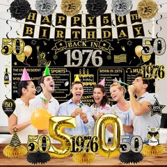 50th Birthday Party Decorations – 21pcs 1976 Banner, Black Gold Balloons, Backdr
