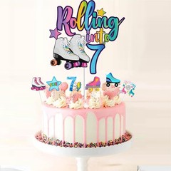 7 PCS Rolling into 7 Roller Skate Cake Toppers Set 7th Birthday Party Decor