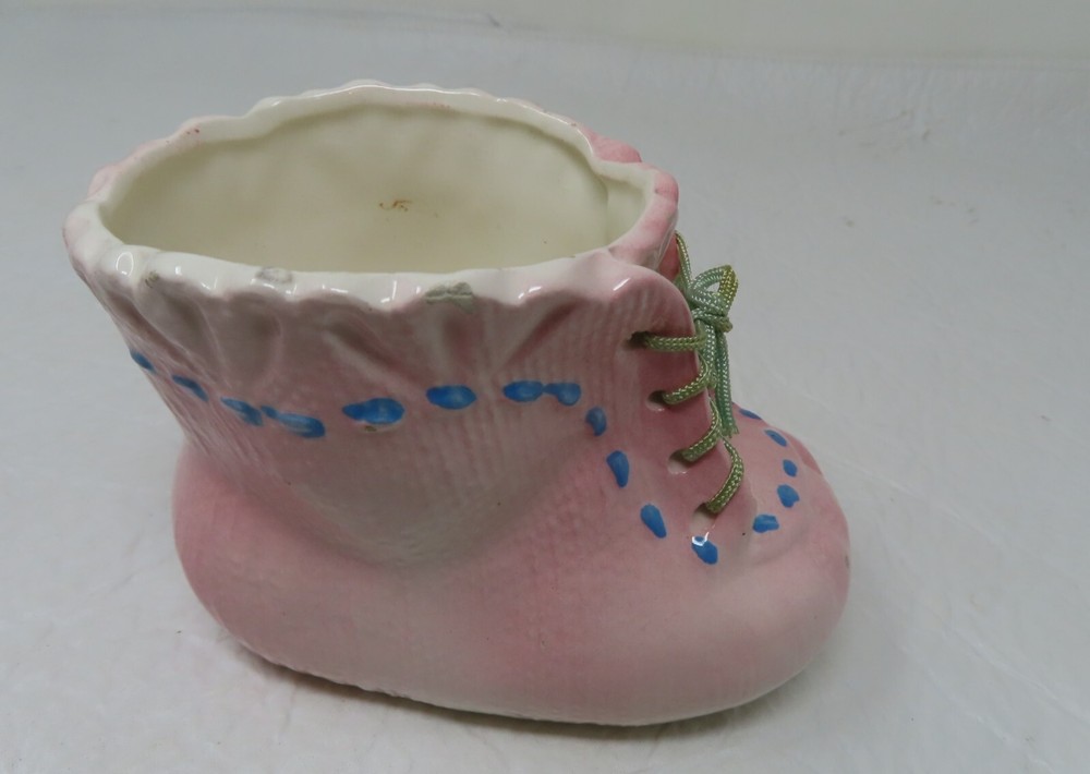 Mid Century Early 60s Pink Shoelace Ceramic Glazed Baby Boot Planter 3.25″Tall