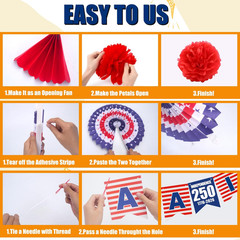 34Pcs 4th of July Decorations Set 250th Patriotic Banner USA Flag String Pape…