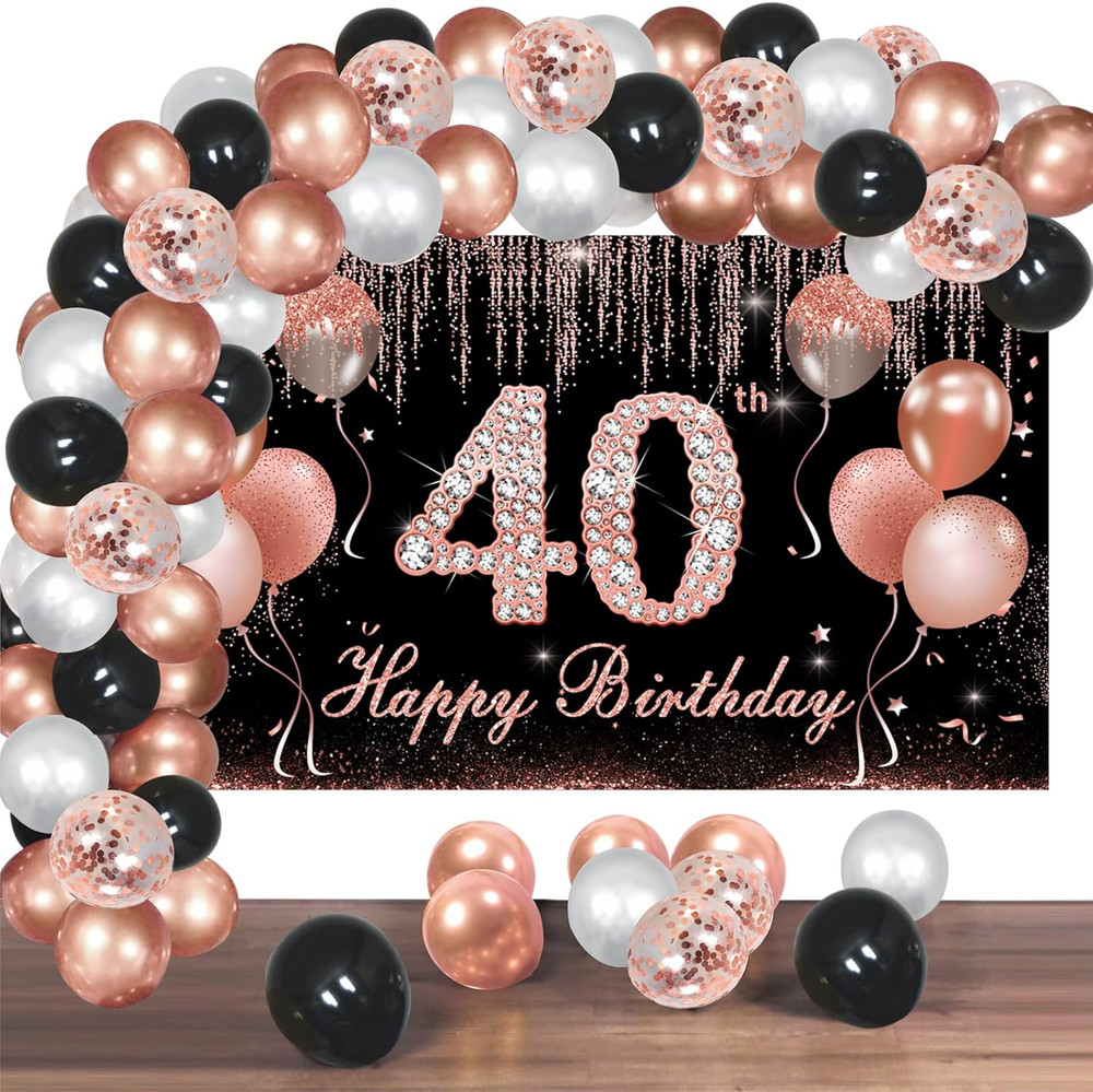 Rose Gold Black 40th Birthday Decorations Backdrop Balloon Arch Garland Kit Wome