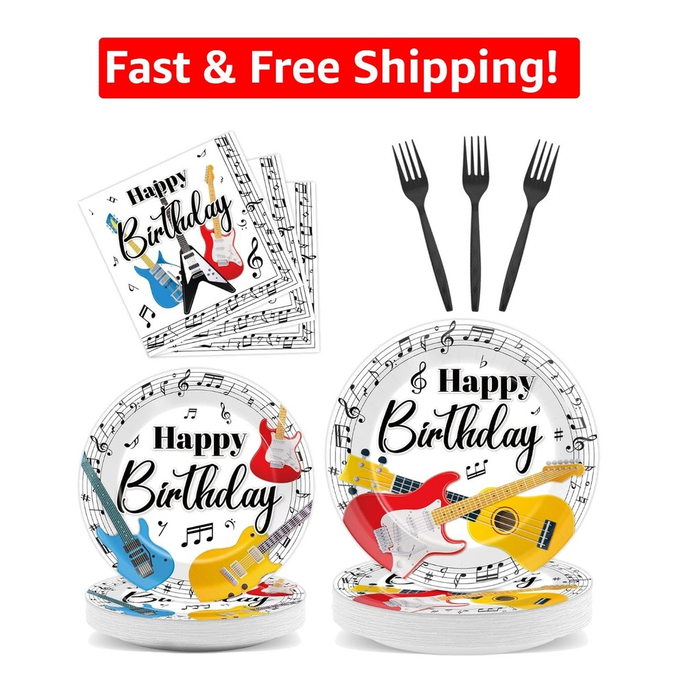 Guitar-Themed 96Pc Party Kit: Plates, Napkins & Forks for Musical Celebrations