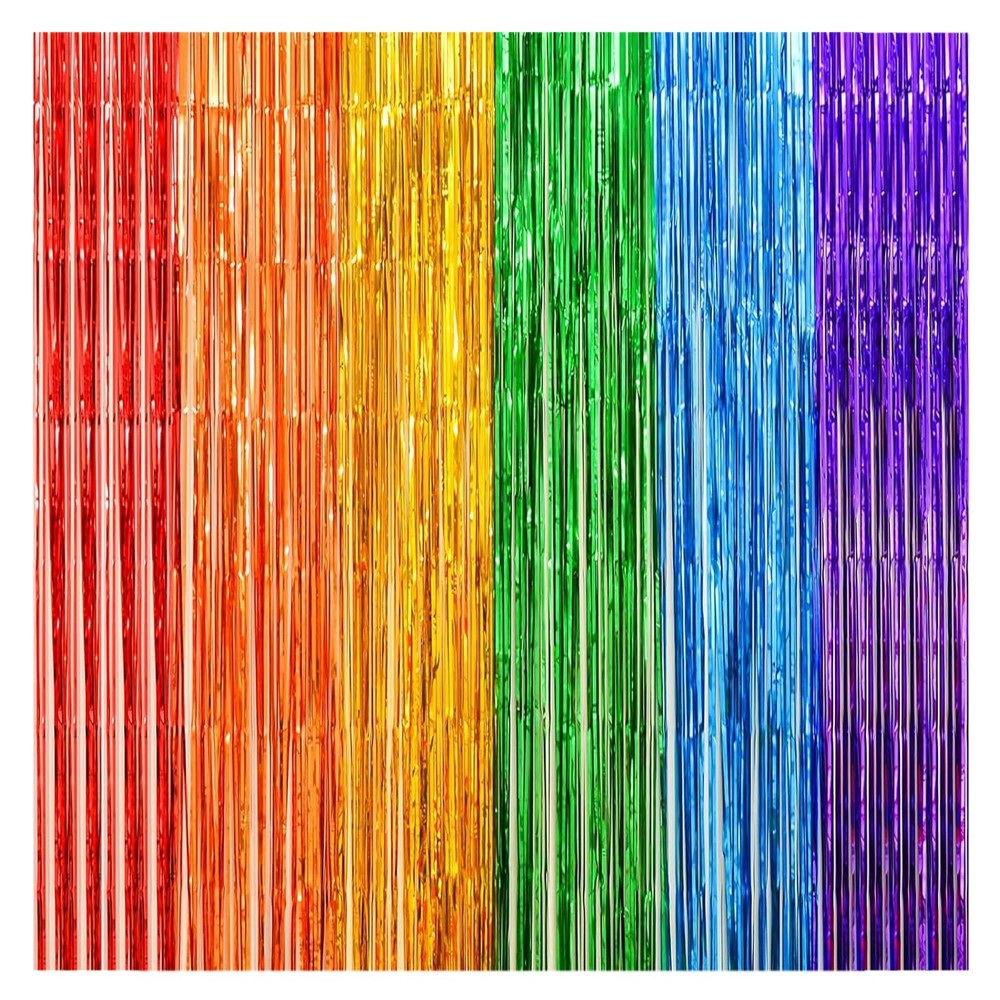 2 Pack Rainbow Foil Fringe Curtains, 3.3X6.6 Ft Metallic Tinsel Backdrop Party D