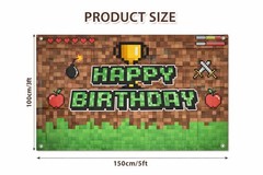 Pixel Birthday Decorations, 5X3 Ft Happy Birthday Banner Backdrop for Miner TNT