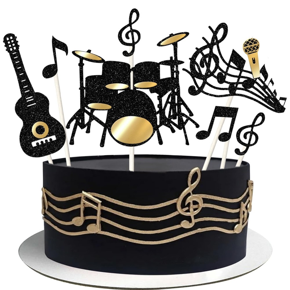 8 Pack Music Theme Cake Topper Glitter Guitar Drums Musical Symbols Cake