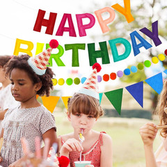 Pre-Strung 3D Rainbow Happy Birthday Banner, 3 PCS Happy Birthday Felt Sign, Pom