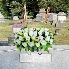Artificial Headstone Flower Saddle, Cemetery Flowers for Grave, White