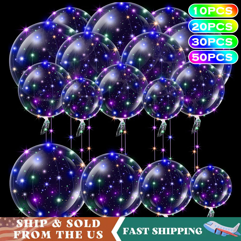 10-50PCS LED Light Up Clear BOBO Balloons 20″ String Lights Birthday Christmas
