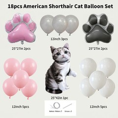 18PCS Gray Tabby Cat Balloon Set – Giant Kitten Foil Balloon, Pink Gray Paw P…